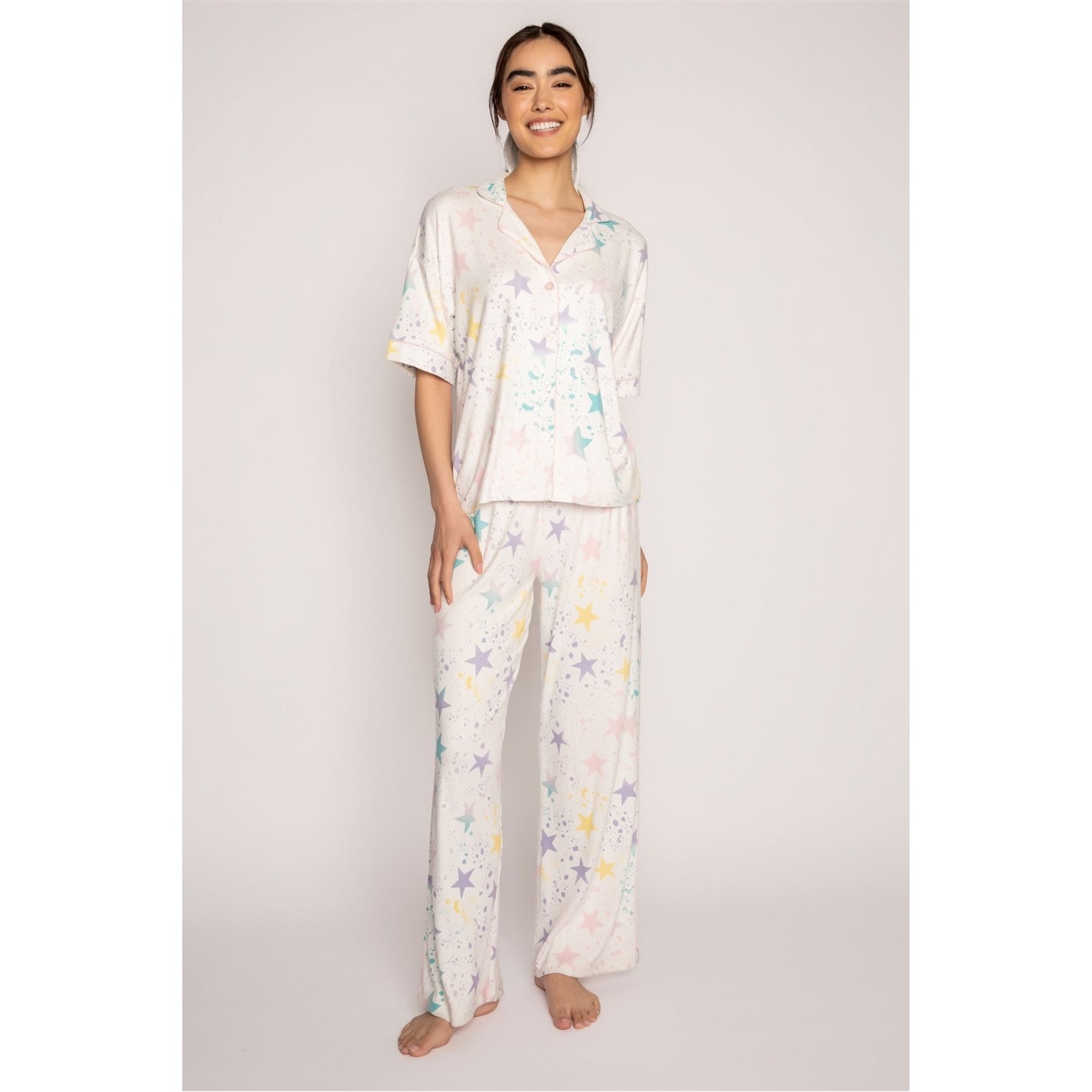 T- shirt pyjama manches courtes motif floral imprimé , mauve grisé T- shirt pyjama manches courtes motif floral imprimé , mauve grisé