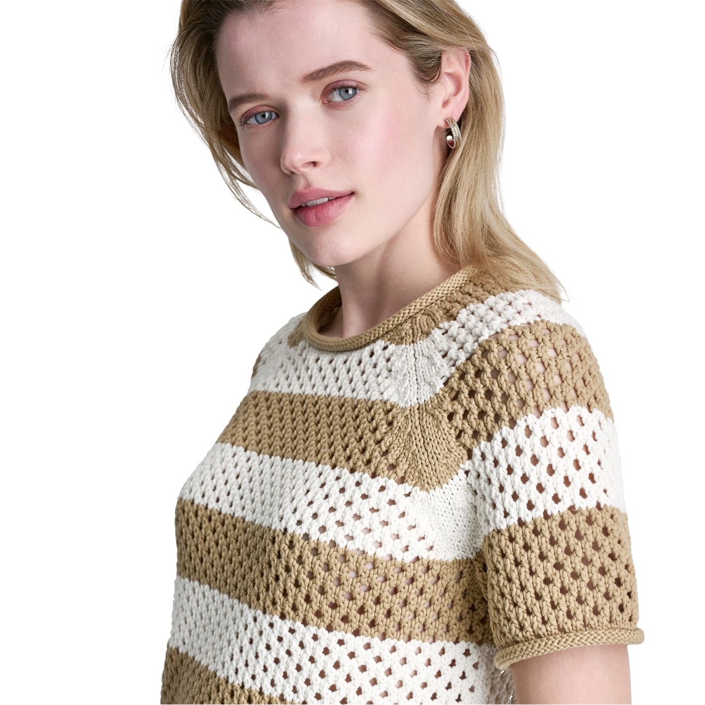 DKNY Womens Short Sleeve Raglan Stripe Pointelle Sweater