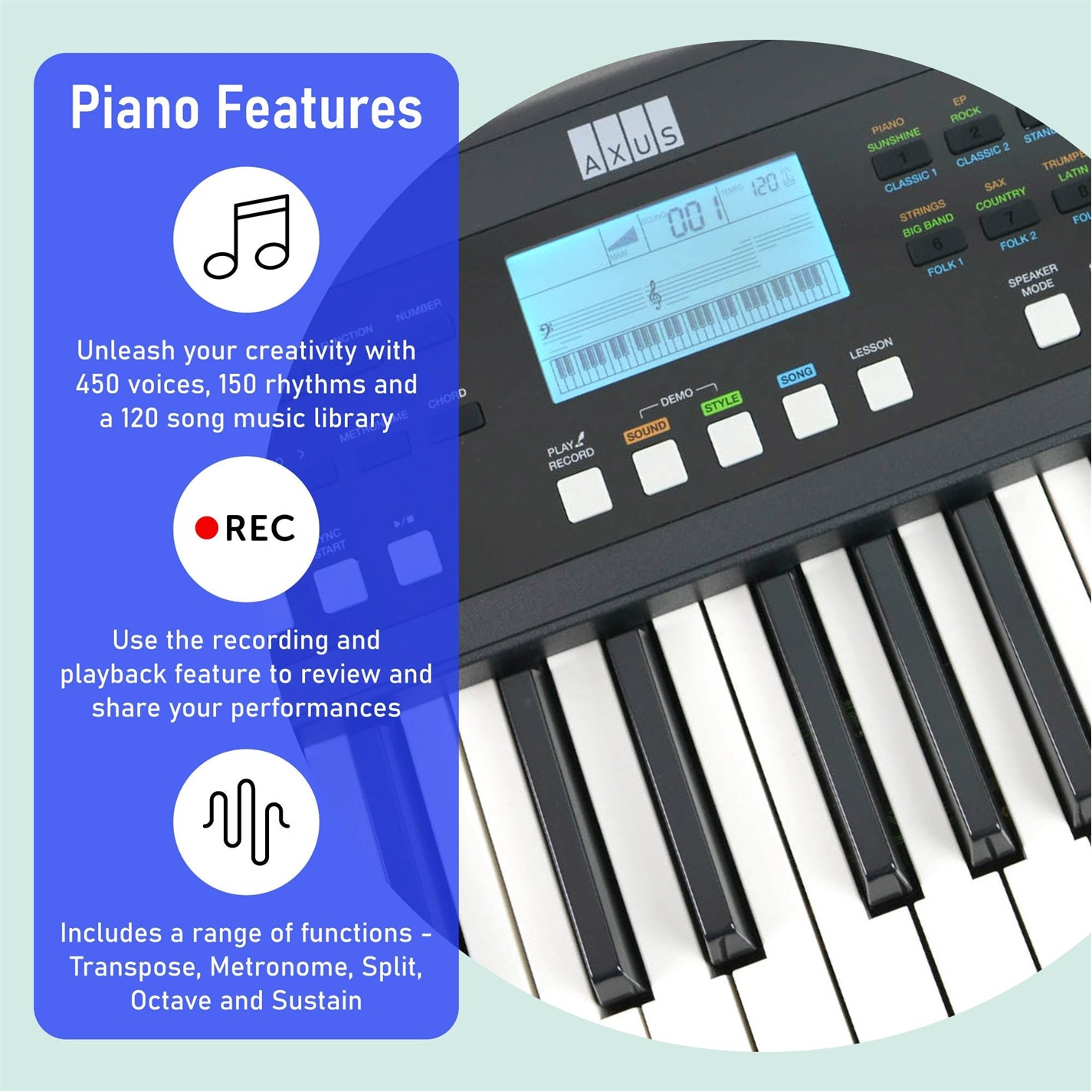 Axus | 61 Note Slimline Portable Keyboard Pack | Black | SportsDirect.com