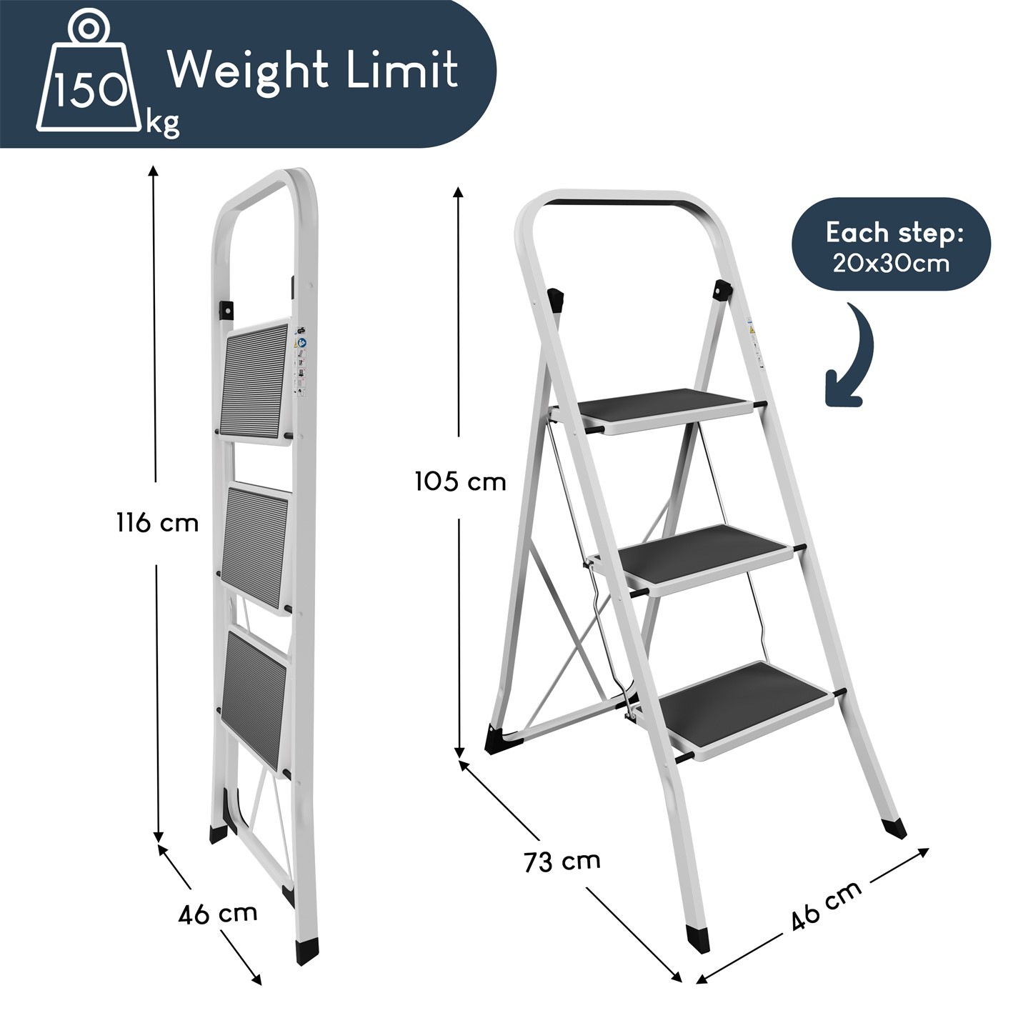Lassic | Home Vida 3 Step Ladder With Anti-Slip Mat | White ...