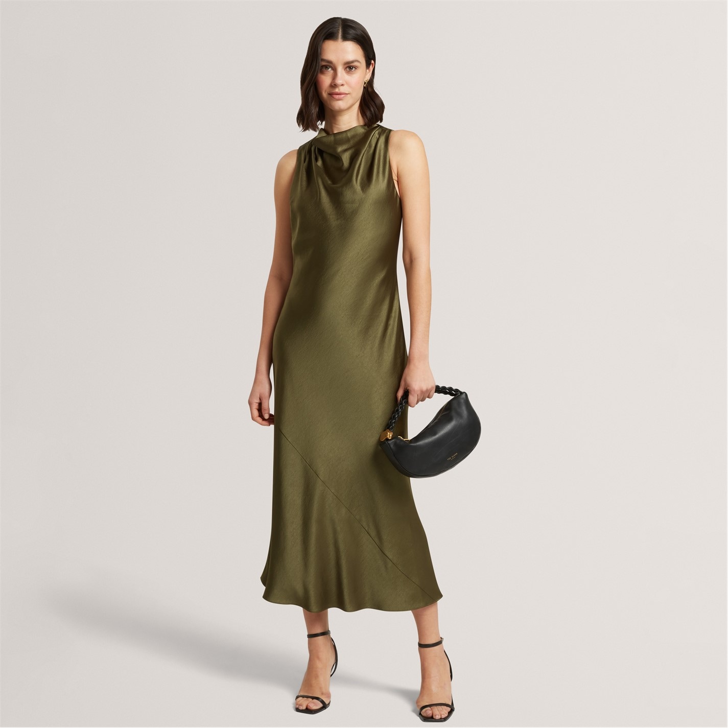 Ted Baker | Ted Baker Sleeveless Cowl Neck Satin Midi Dress | Khaki |  SportsDirect.com
