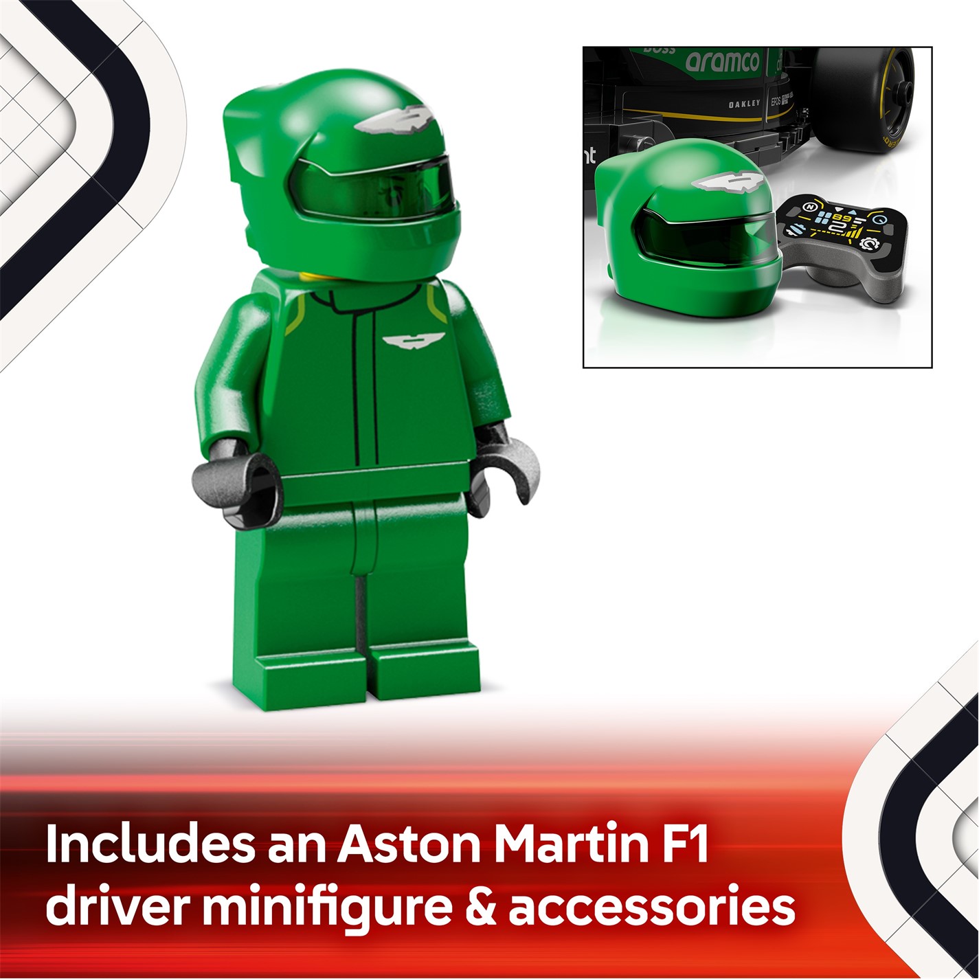 Lloyd Williams / John Alcapone 7インチ LEGO Speed Champions 77245 Aston Martin Aramco F1 AMR24 Race Car
