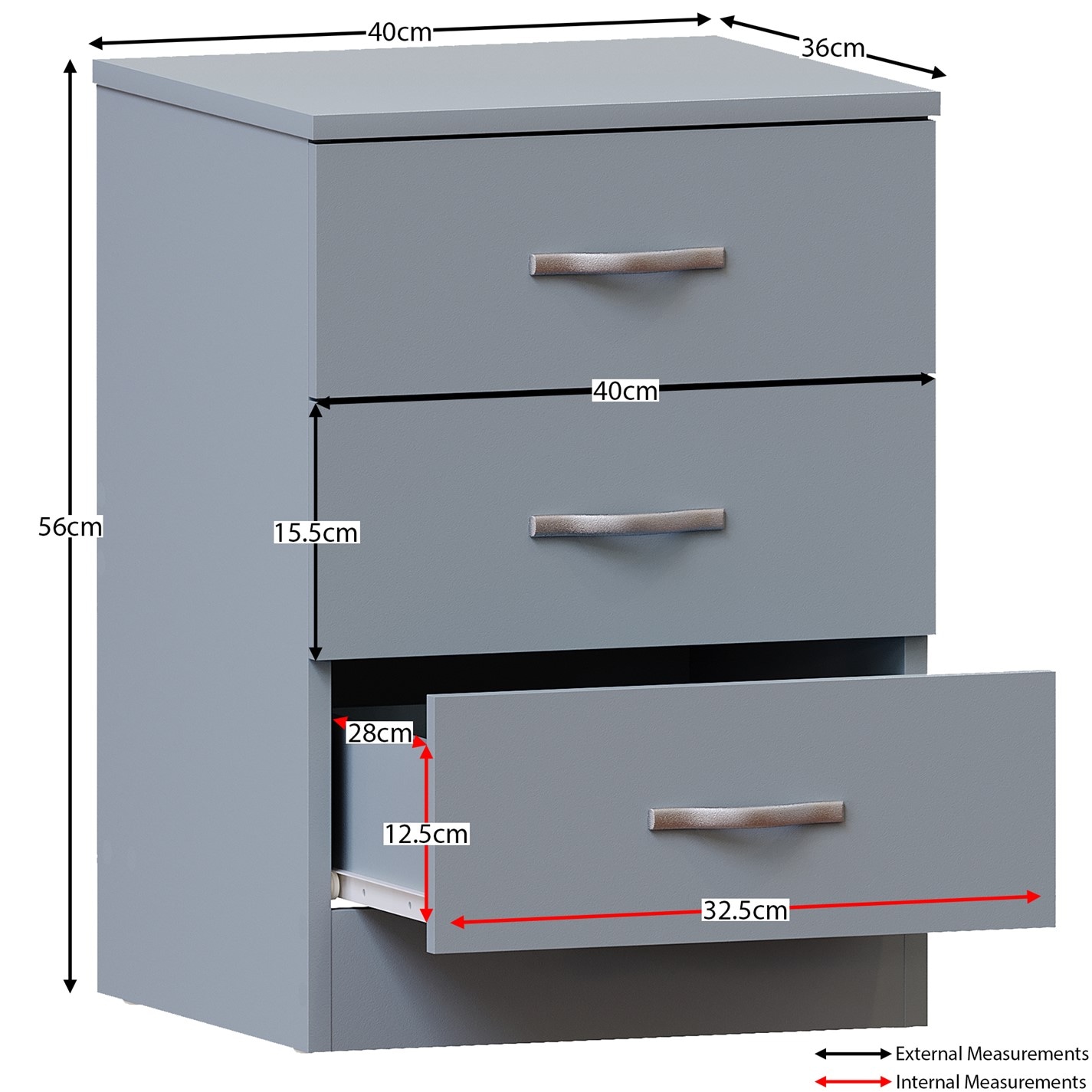 Vida Designs Grey Bedside Cabinet Chest Of Drawers, 3 Drawer With Metal Handles And Runners, Unique Anti-Bowing Drawer Support, Riano Bedroom - View #3
