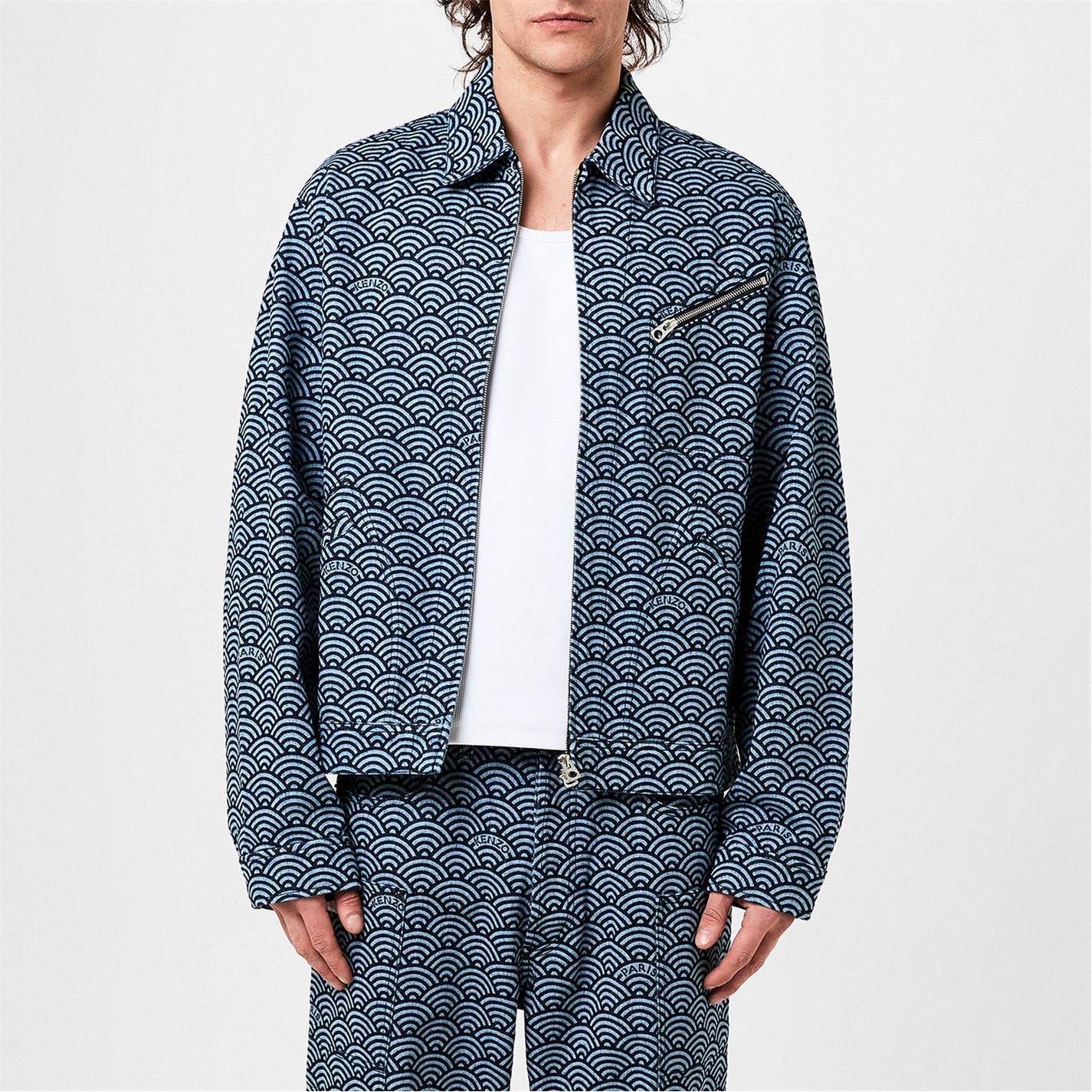 KENZO | Men's Seigaiha Wave Pattern Structured Denim Jacket | Blue ...