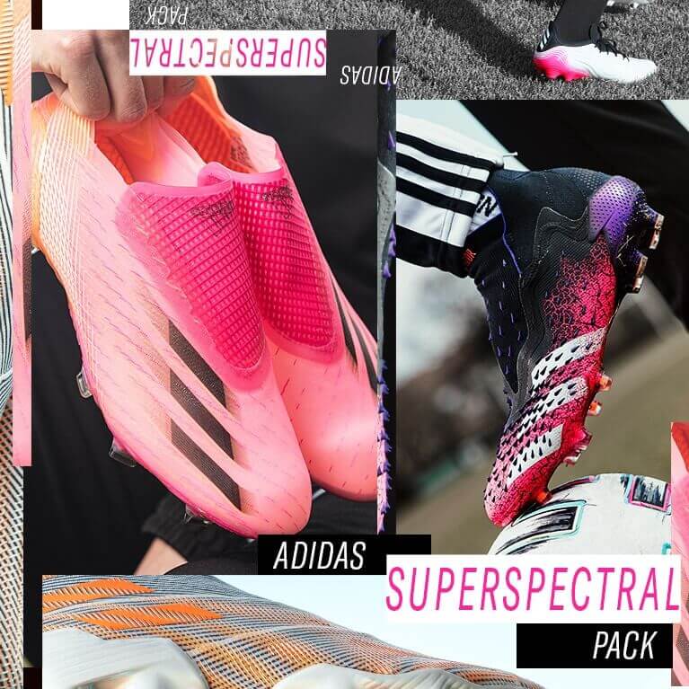 The new adidas Superspectral Pack, showing the pink x ghosted, pink and black predator and orange copas.