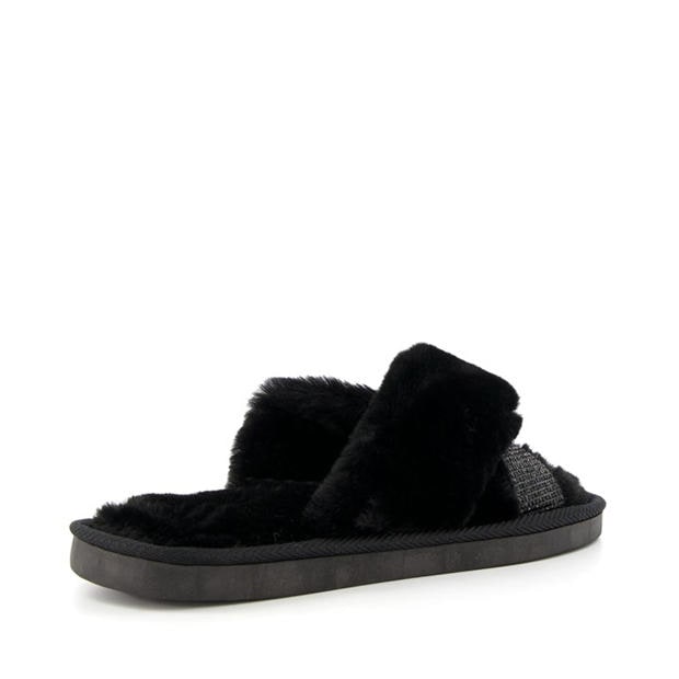 Black - Dune London - Winta Diamante Cross Strap Faux Fur Slippers