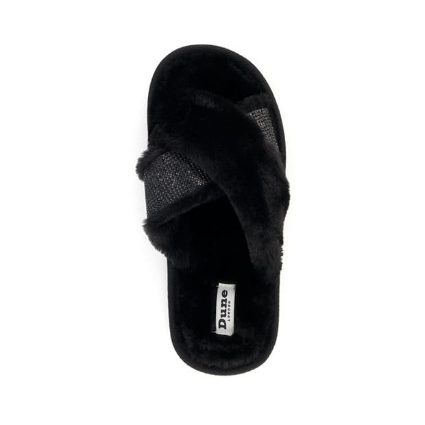 Black - Dune London - Winta Diamante Cross Strap Faux Fur Slippers