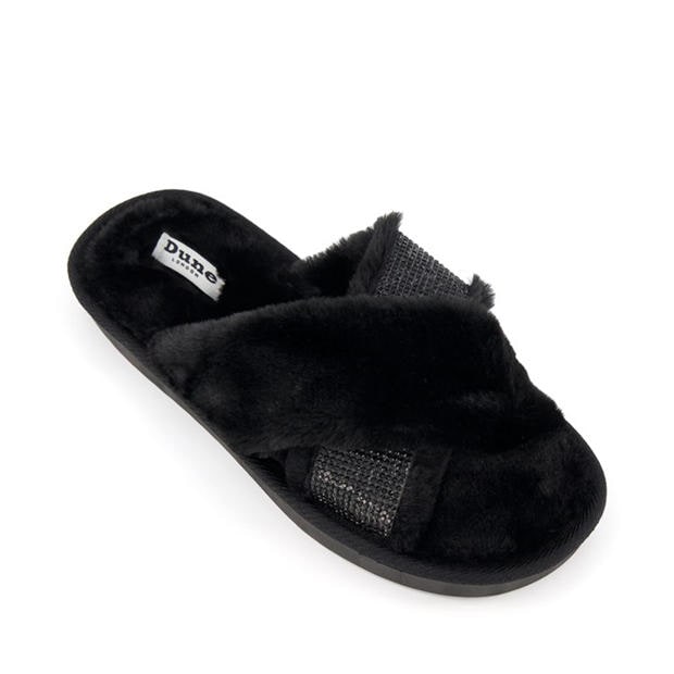 Black - Dune London - Winta Diamante Cross Strap Faux Fur Slippers