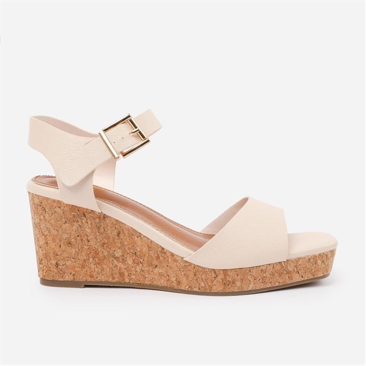 Wheres That From Women's Cream Pu Giselle Wedge Sandals With Buckle-Ankle-St Size 7