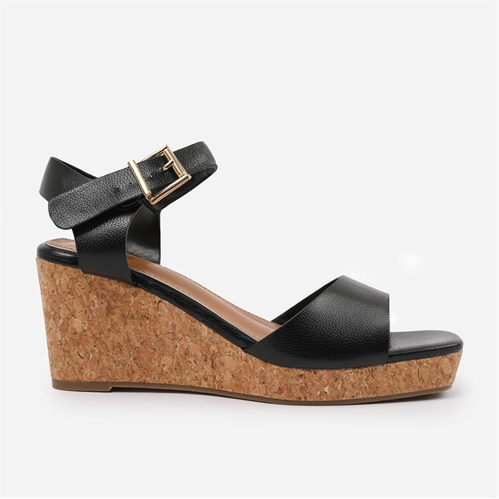 Wheres That From Women's Black Pu Giselle Wedge Sandals With Buckle-Ankle-St in Size 8, Sports Direct