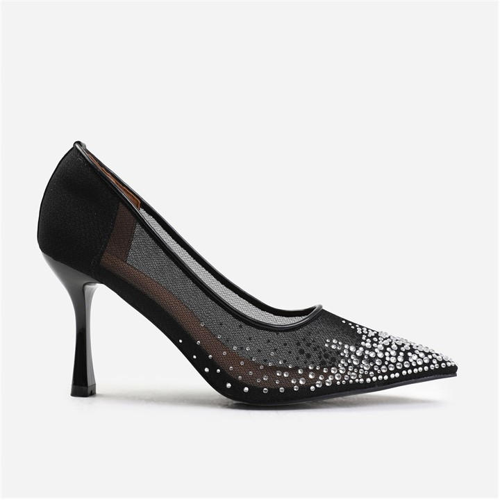 Wheres That From Women's Black Delina Court Shoe With Diamante Detailing In Size 4