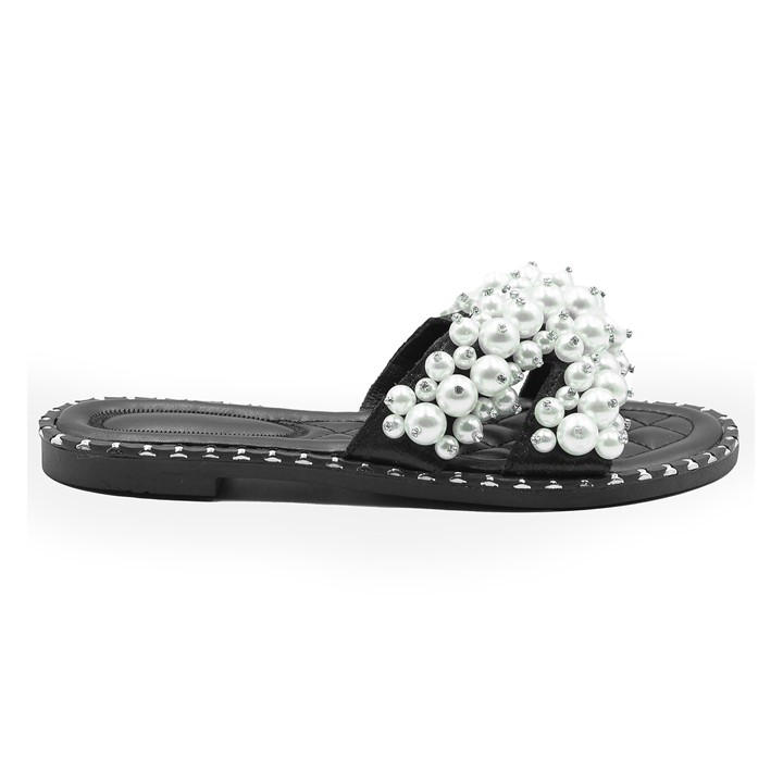 Wheres That From Women's Black Eve Pearl Embellished Flat Slider Sandals Size 6