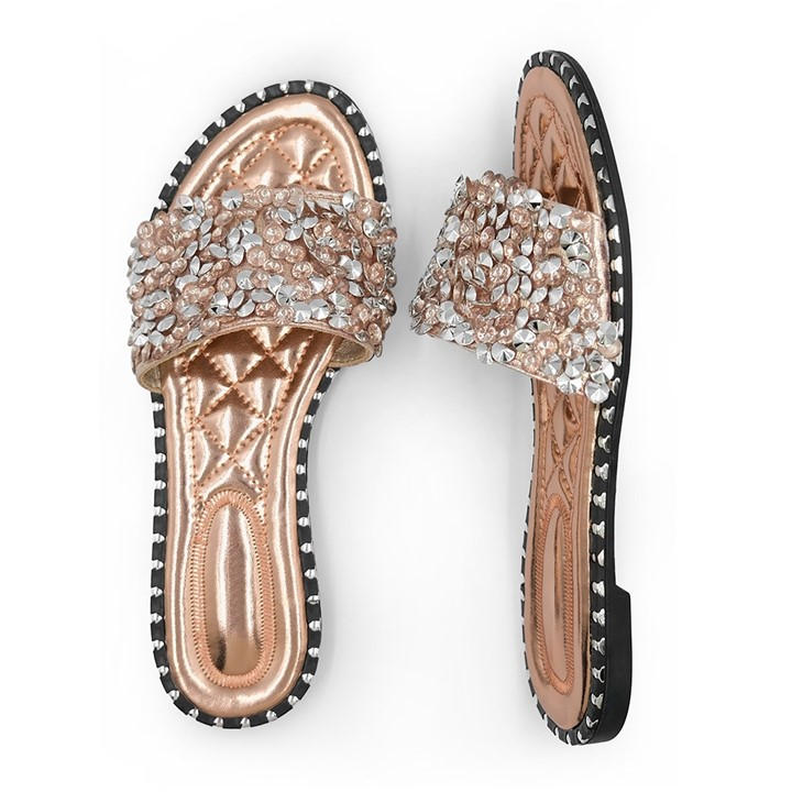 Wheres That From Women's Rosegold Rose Gold Belle Diamante Sparkly Flat Sliders Size 5