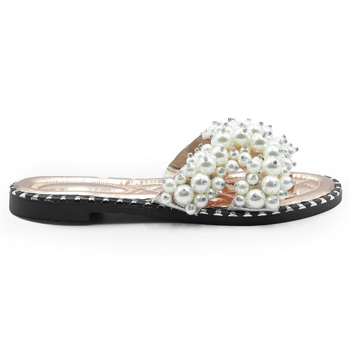 Wheres That From Women's Rosegold Rose Gold Eve Pearl Embellished Flat Sandals Size 8