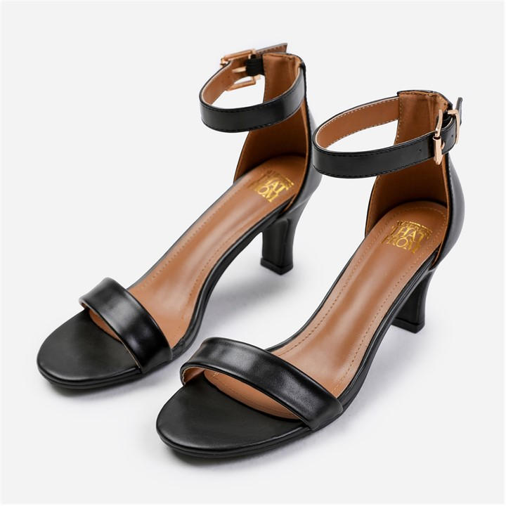 Wheres That From Women's Black Madrid Mid Block Heel With Ankle Strap In Pu