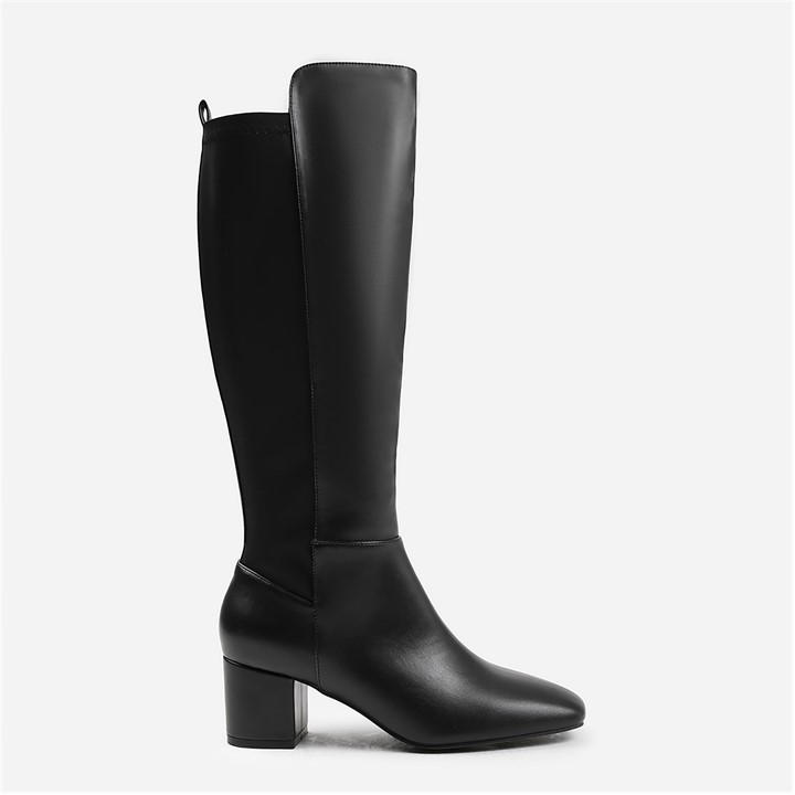 Wheres That From Women's Black Beau Block Heel Knee High Boots With Side Zip In B