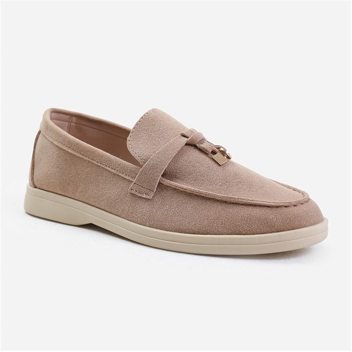 Wheres That From Women's Khakisuede Khaki Suede Pegasus Slip On Trim Loafers Size 8