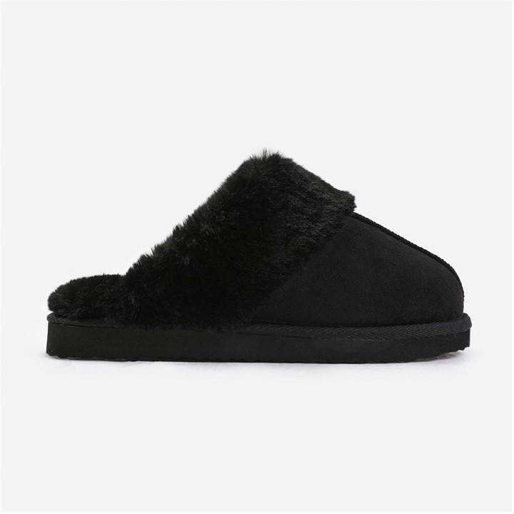 Wheres That From Women's Black Lounge Suede Slippers With Fur Trim