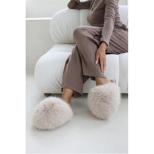 Wheres That From - Where’s Ultimate Fluffy Beige Faux Fur Mule Slippers