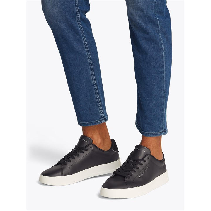 Tommy Hilfiger Men's Black Court Leather Low Top Trainers in Size 11, Sports Direct