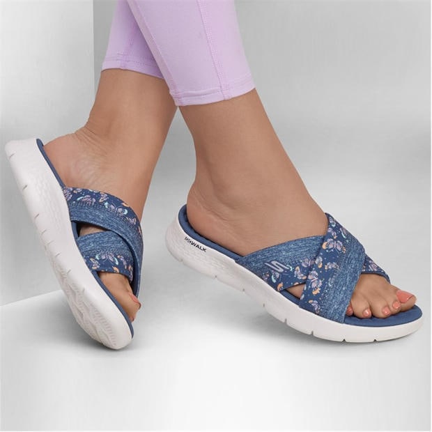 Navy/ Red - Skechers - Skechers Butterfly Print Memory Foam Straps Flat Sandals Womens