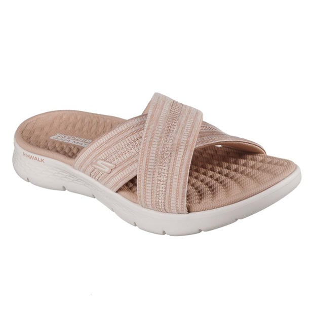 Taupe - Skechers - Crossband Slide W Memory Foam Strap Flat Sandals Womens