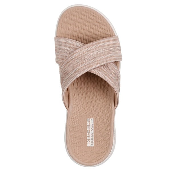 Taupe - Skechers - Crossband Slide W Memory Foam Strap Flat Sandals Womens