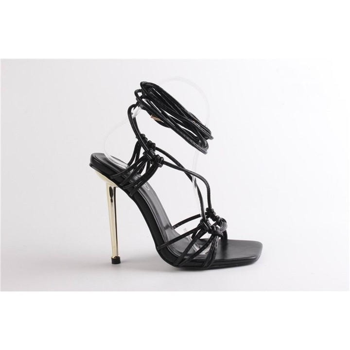 Chic Women's Strappy Tie-Up Flat Sandal - Black Pu - 3 (36) - Image 2