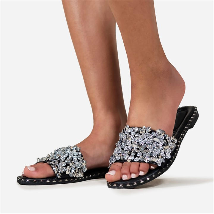 Wheres That From Women's Black Wheres Diamante Sparkly Flat Sliders in Size 5, Sports Direct