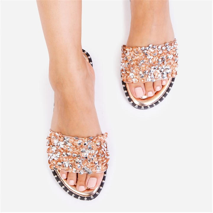 Wheres That From Women's Gold Wheres Diamante Sparkly Flat Sliders in Size 4, Sports Direct