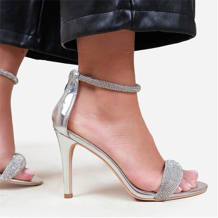 Wheres That From Women's Silver Wheres High Heel Sandals With Diamante Ankle Strap in Size 6, Sports Direct