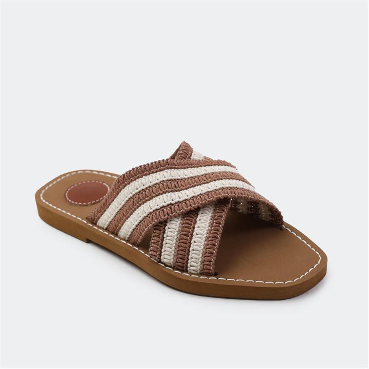 Wheres That From Women's Mocha Woven Stripe Patterned Open Toe Slide Sandals - 3 (36) - Image 2