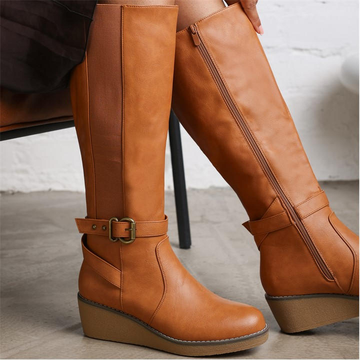 Wheres That From Women's Brown Wheres Knee High Wedge Boots With Strap And Buckle in Size 7, Sports Direct