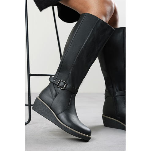 Wheres That From - Where’s Knee High Wedge Boots With Strap And Buckle