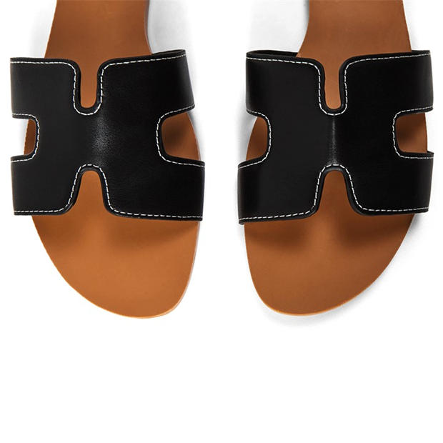 Black PU - Wheres That From - Where’s Cut Out Design Slide On Sandals