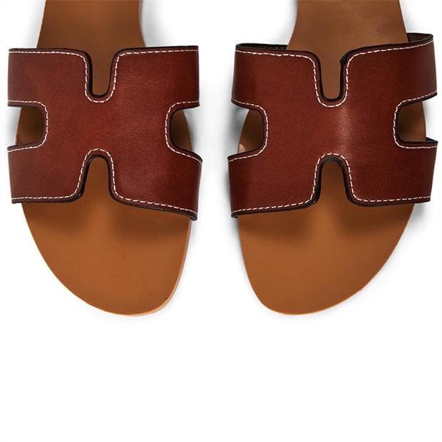Tan PU - Wheres That From - Where’s Cut Out Design Slide On Sandals