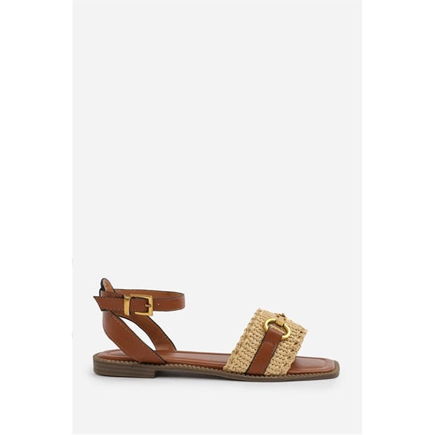 Tan PU - Wheres That From - Where’s Straw Detail Strap Sandals with Buckle Closure