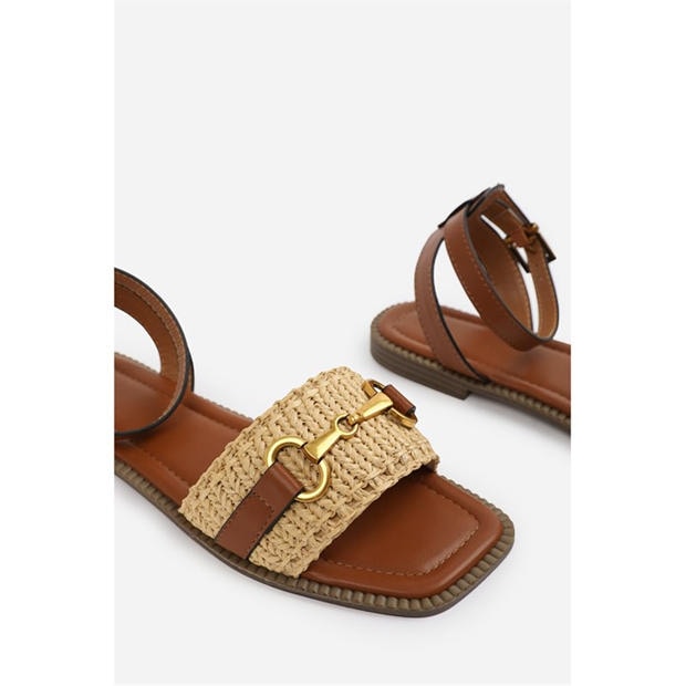 Tan PU - Wheres That From - Where’s Straw Detail Strap Sandals with Buckle Closure