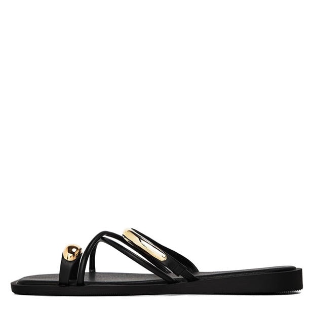 Black PU - Wheres That From - Where’s Strappy Metal Toe Loop Slide On Sandals