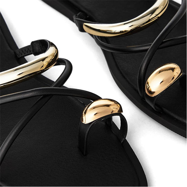 Black PU - Wheres That From - Where’s Strappy Metal Toe Loop Slide On Sandals