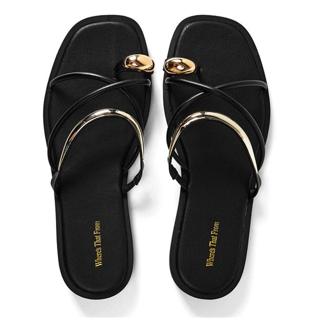 Black PU - Wheres That From - Where’s Strappy Metal Toe Loop Slide On Sandals
