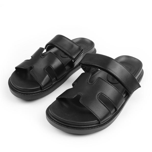 Black PU - Wheres That From - Where’s Cut Out Velcro Strap Footbed Sandals