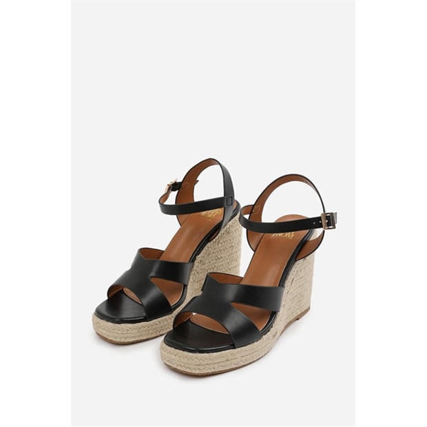 Black Grain PU - Wheres That From - Where’s Cut Out Strap Detail Wedge Shoes