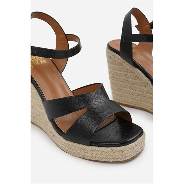 Black Grain PU - Wheres That From - Where’s Cut Out Strap Detail Wedge Shoes