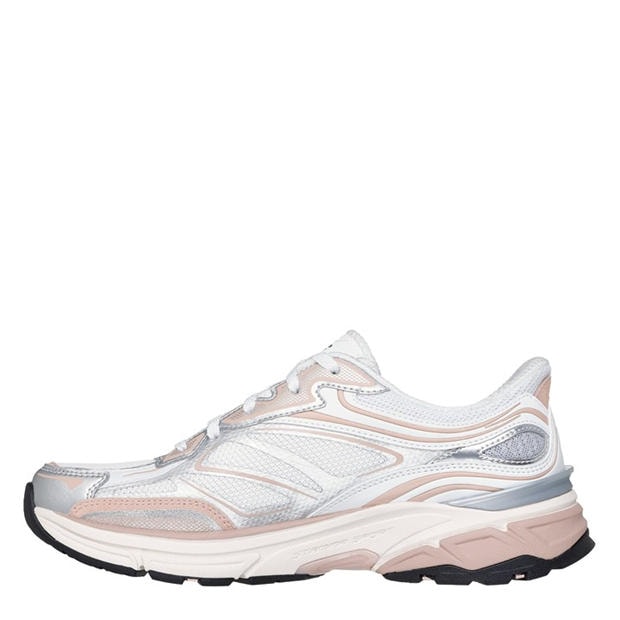 White/Pink - Skechers - Metallic Overlay Mesh Lace-Up Slip- Runners Womens