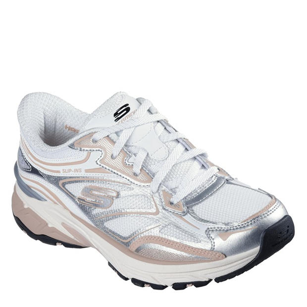 White/Pink - Skechers - Metallic Overlay Mesh Lace-Up Slip- Runners Womens