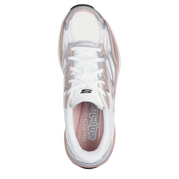 White/Pink - Skechers - Metallic Overlay Mesh Lace-Up Slip- Runners Womens