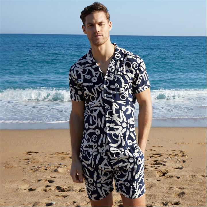 Threadbare Mens Navy 'Langdale' Abstract Print Revere Collar Short Sleeve Shirt - Size Small - Image 4