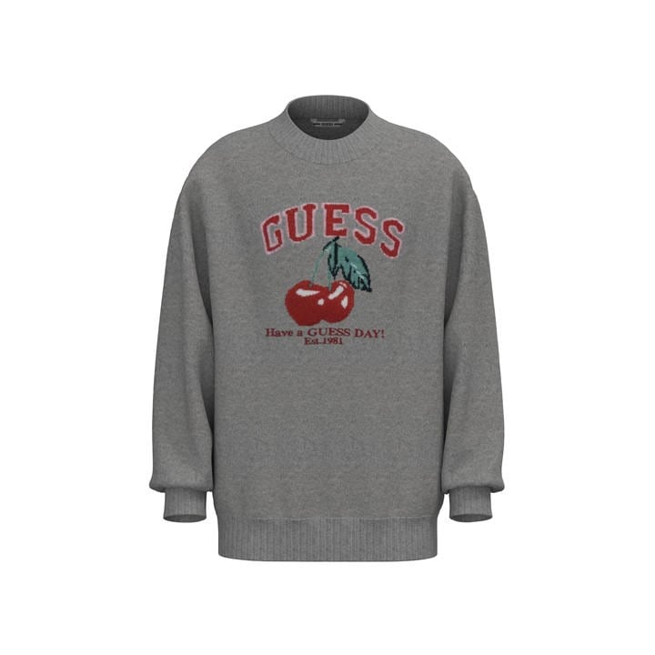 Guess Girls Grey Kids' Cherry Crew Neck Jumper in Size 11 - 12 Years, Sports Direct