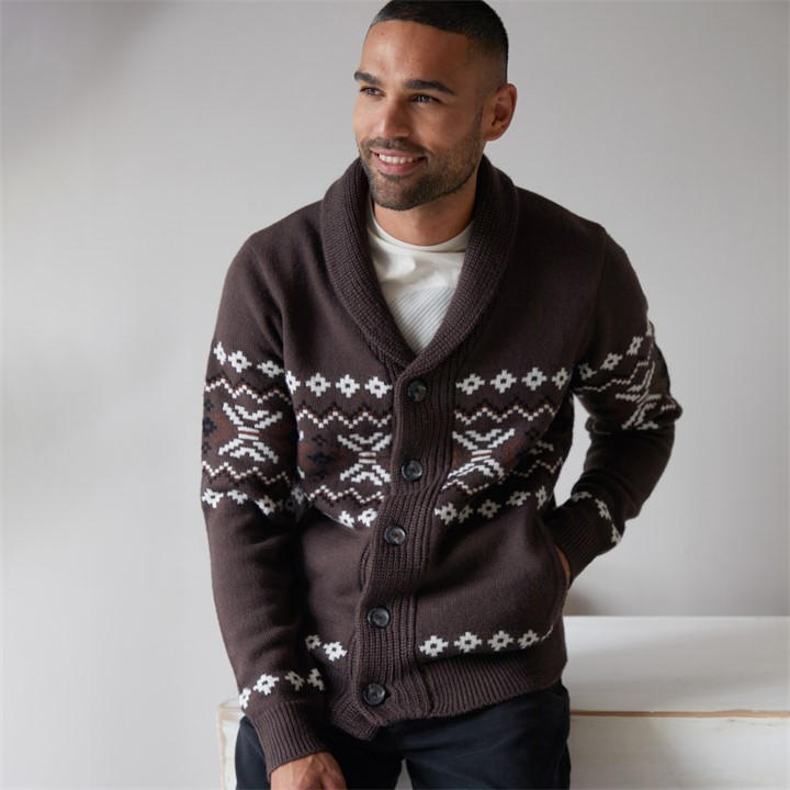 Threadbare Men's Brown Fairisle Shawl Collar Knitted Cardigan 2XL